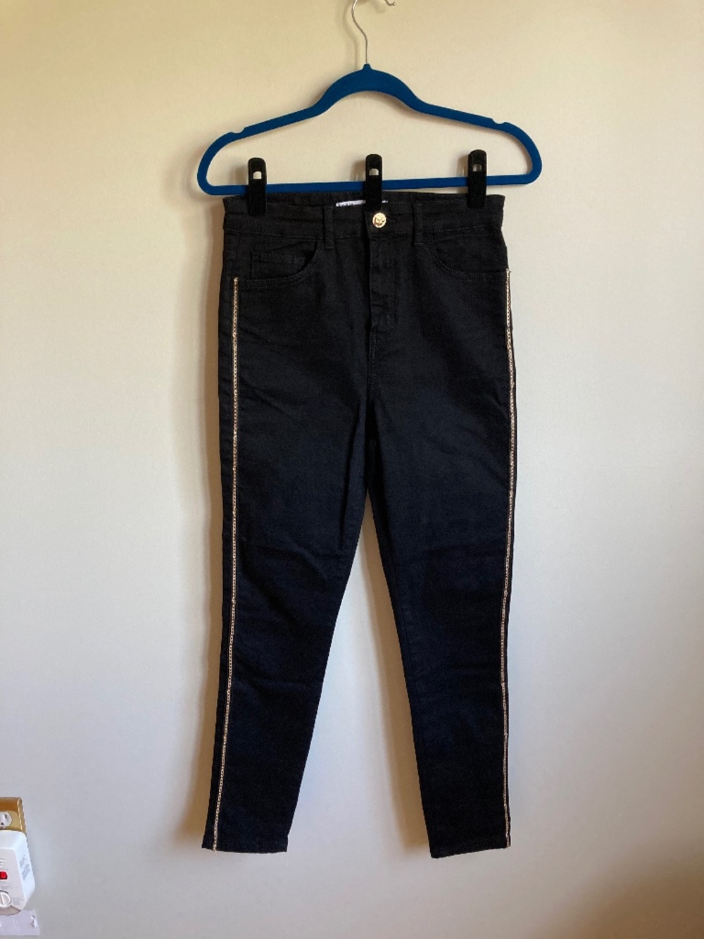 Zara Black Skinny Jeans Gold Chain Stripe 8